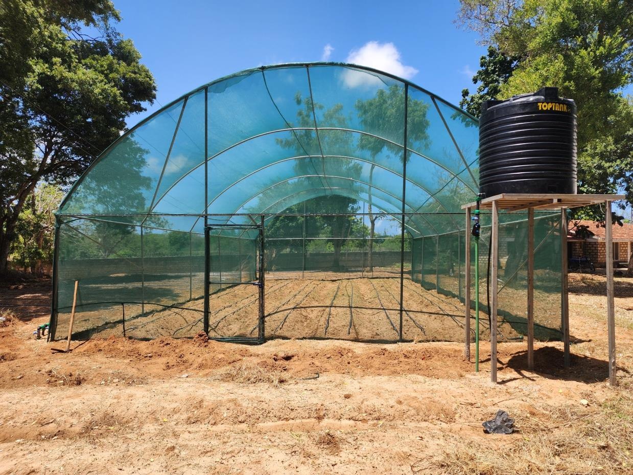 Completed shade house with elevated water tank, ready for production